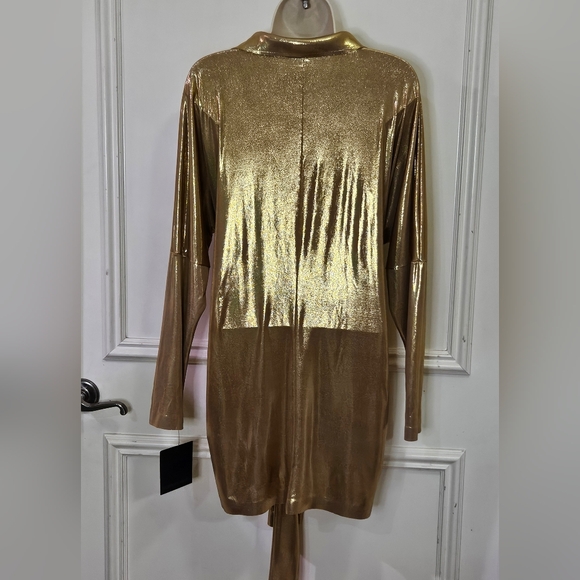 Norma Kamali Gold Metallic Tie Front Long Sleeve Mini Dress,Size Medium/38,NWT - Picture 3 of 16